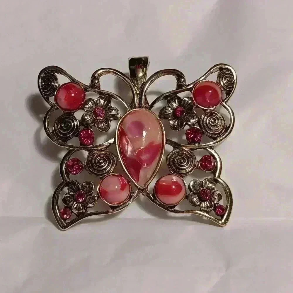 Vintage RMN Butterfly Floral Pendant Pink Silver Trim 2"×2¼‎ Magnetic Clip